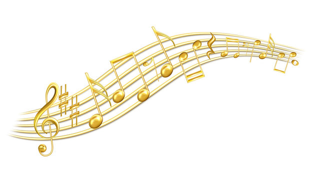 Music Melody Notes, Treble Clef And Sharp Vector. Minim And Crotchet, Quaver And Semiquaver, Beamed Notes In Wavy Style. Composition Musical Symbols Concept Template 3d Illustration