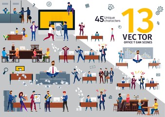 Business Company Employees, Office Workers Work Scenes Trendy Flat Vectors Set. Business Partners on Meeting, Stressed Entrepreneur, Resting and Talking in Bar or Cafe People, Angry Boss Illustrations