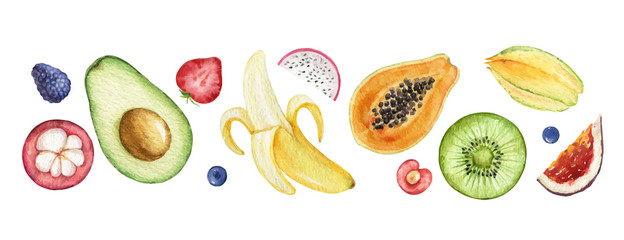 Watercolor vector hand painted set of exotic fruits.
