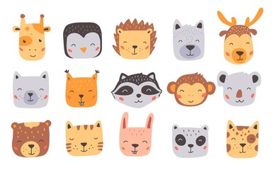 Set of cute wild animals faces, bear, deer, panda, rabbit, squirrel. Isolated vector illustration animals for baby, kids, child project design. Hand drawn cute style.