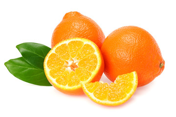 Orange clementine or minneola tangelo with slices and green leaves isolated on white background....