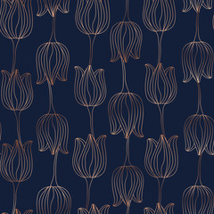 Copper gold shiny tulip spring seamless pattern