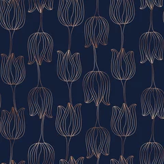 Wall murals Blue gold Copper gold shiny tulip spring seamless pattern