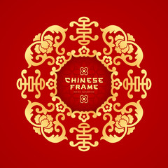 Vector Chinese frame style greeting card gold circle design on red background, illustration