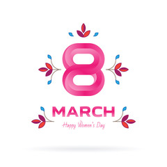 March 8 International Women's day, greeting card template with floral elements.