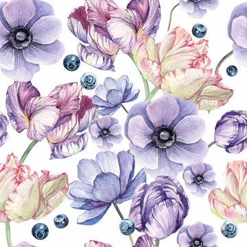 watercolor background pattern with tulip, bud, anemone, blueberries