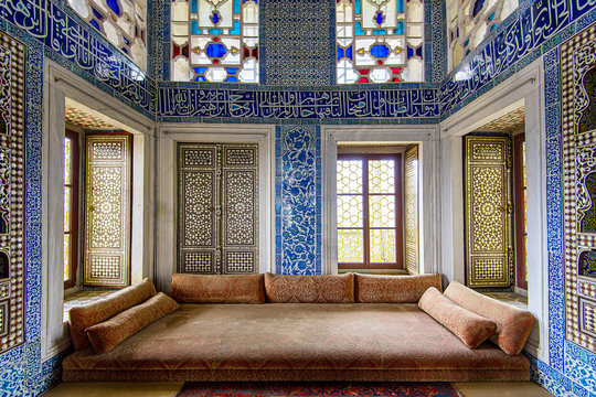 ISTANBUL - JAN 01: Interiors of Topkapi Palace and stained-glass windows in Istanbul on January 01. 2020 in Turkey