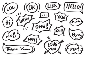 Hand drawn set of speech bubbles with dialog words:like, hello, kiss, love you, hi, Vector illustration.