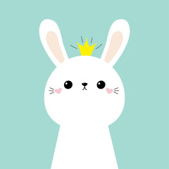 Cutebunny rabbit face head icon. Kids print for poster, t-shirt. Kawaii hare animal. Golden crown. Cartoon funny baby character. Love. Scandinavian style. Flat design. Blue background.