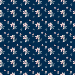 Watercolor delicate simple floral seamless pattern with pink and blue flowers on a blue background. Hand drawing. For printing on fabric, Wallpaper, clothing, paper, invitations, greetings.