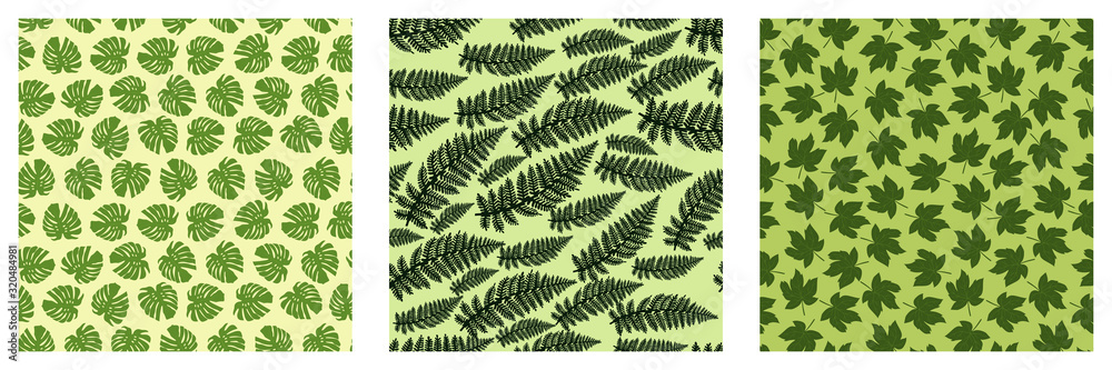 Poster set of beautiful pattern with tropical leaves for textile design. modern palm seamless pattern. mode