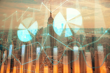 Forex graph on city view with skyscrapers background double exposure. Financial analysis concept.