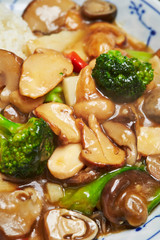 Mushroom and broccoli ankake on rice 