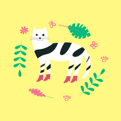 Fototapeta na wymiar Cute cat in a flat drawing in the Scandinavian style. Cat with shoes, around the pattern of plants
