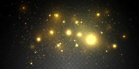 Golden particles, sparkling bokeh lights isolated on transparent background 