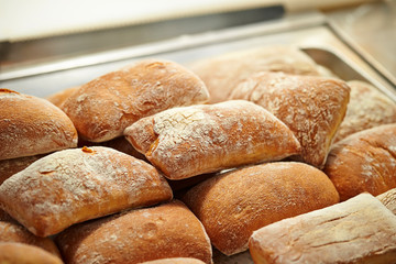 Pile of bread at bakery 