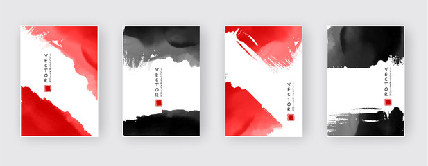 Black red ink brush stroke on white background. Japanese style. - obrazy, fototapety, plakaty