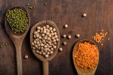 Assortment of Legumes - mung, chickpeas and different beans. Top view.
