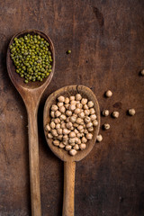 Assortment of Legumes - mung, chickpeas and different beans. Top view.