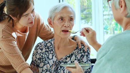 Female caregiver or daughter feeding senior woman or mother in wheelchair,tired and eat less food,asian elderly patient with woman caretaker,help,support,service,care, health problems,family lifestyle