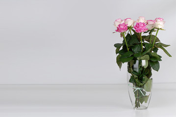 Bouquet of beautiful pink roses on light gray background