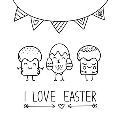 Cute Easter Doodle.Chicken,two Easter cakes and decorated flags.Simple black vector illustration on a white background.Isolated hand drawing