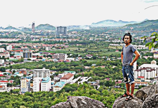 Asian tourism travel. Thai middle aged man long hair standing on mountain with cityscape landscape background. ILLUSTRATION brush stroke oil painting watercolor drawing Portrait adult male copy space.