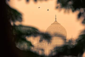 The dome of the Taj Mahal in Agra, India on overcast day with smog