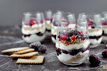 Homemade layered red berry fruit, cookie crumbs and cheesecake cream dessert in glasses