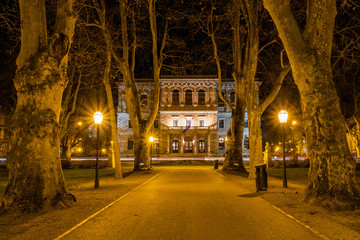 Croatia, city of Zagreb, academy palace building and Zrinjevac park in the night, long exposure