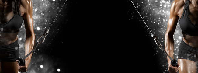 Woman execute exercise with exercise-machine cable crossover. Sports banner