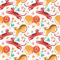 Seamless pattern wild animal and tropic plants. Funny cartoon character tiger, leopard, Jaguar, lion. Background cute wild cats in the jungle and safari. Scandinavian style flat design