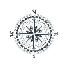 Vintage wind rose symbol, classic compass icon on white