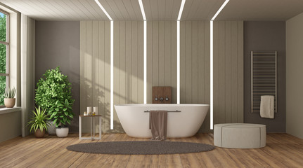 Naklejka na ściany i meble Modern home bathroom with bathtub against wooden paneling