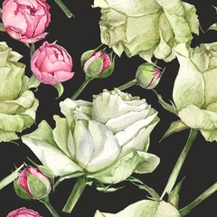 watercolor background black pattern with bud, white and pink rose