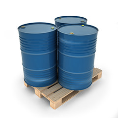 Blue barrels on a pallet (3d illustration)