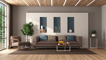 Modern living room with leather furnishings - obrazy, fototapety, plakaty