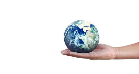 Globe ,earth in human hand, holding our planet glowing