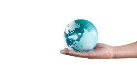 Globe ,earth in human hand, holding our planet glowing