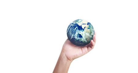 Globe ,earth in human hand, holding our planet glowing