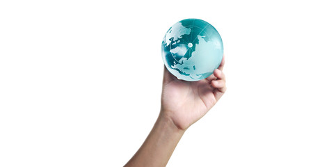 Globe ,earth in human hand, holding our planet glowing