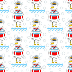 Seamless funny seagull in red circle. Print for fabric, paper and background.