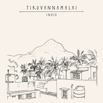 Tiruvannamalai (Tiru), Tamil Nadu, South India. Arunachala sacred mountain, palm trees and houses. Artistic hand drawing. Asian travel sketch. Vintage hand drawn postcard