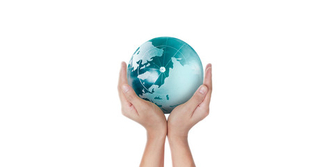 Globe ,earth in human hand, holding our planet glowing