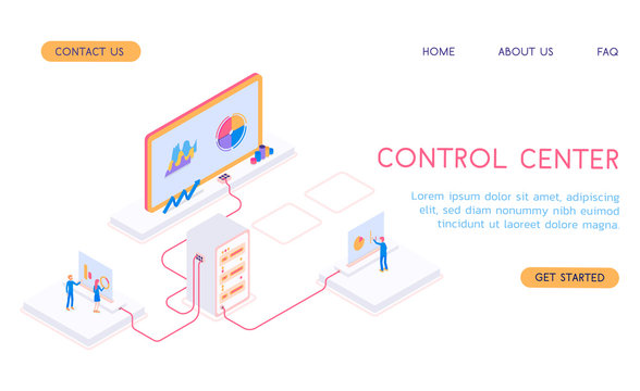 Modern Isometric 3d Vector Control Center With Workers And Server Illustration.