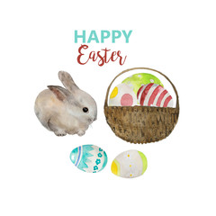 Easter bunny rabbit and easter eggs in basket spring holiday watercolor illustration.