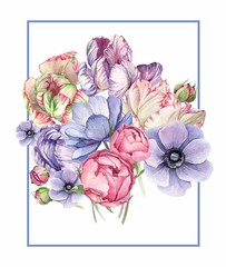 watercolor illustration frame flower composition with tulip, bud, anemone, rose