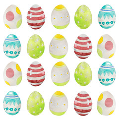 Easter colorful decorated eggs pattern watercolor illustration.