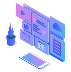 Stylish gradient isometric vector Web Design and UI UX design with smartphone illustration.