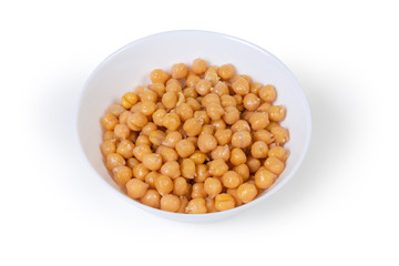 Boiled chickpeas in the white bowl on a white background
